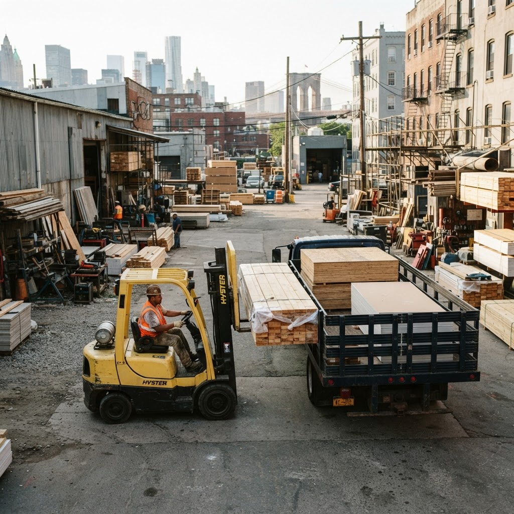 Lumber bundles being prepared for local delivery