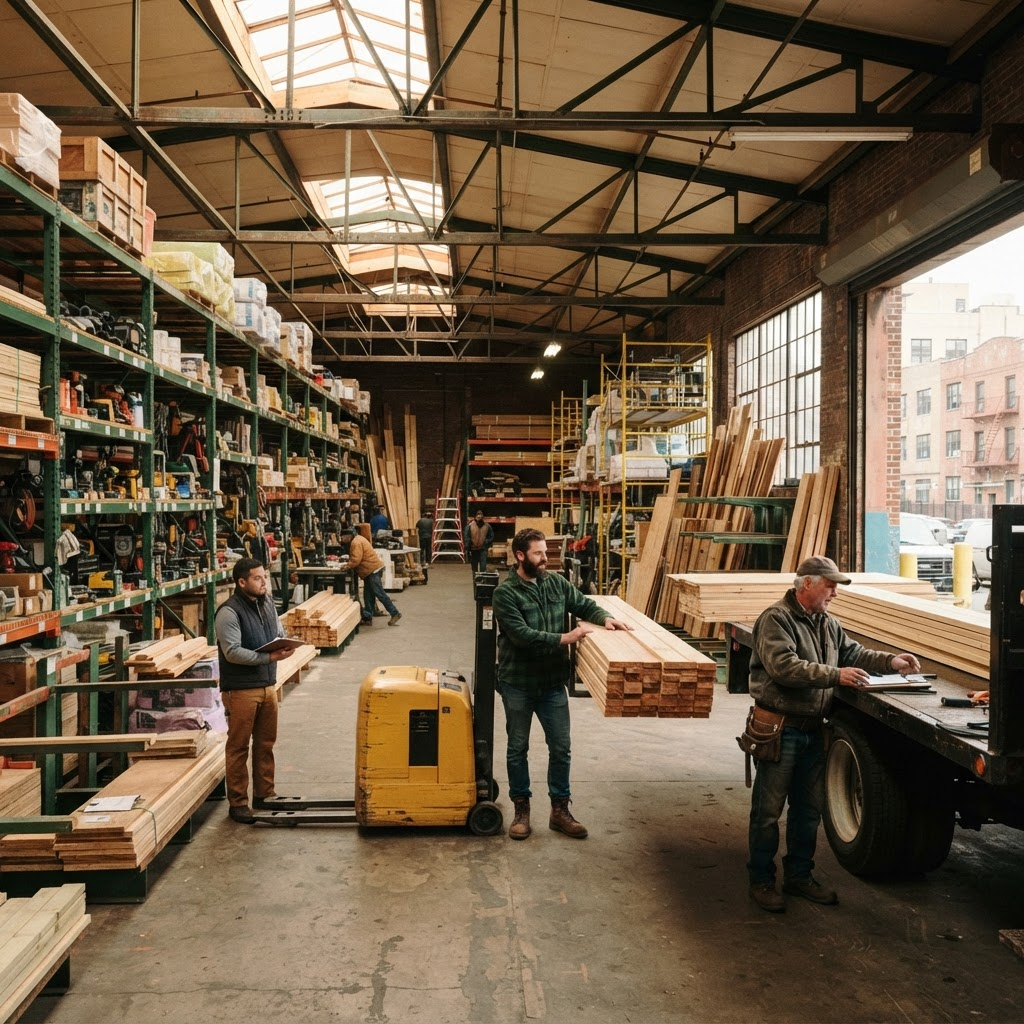Organized building materials inside a Brooklyn supply warehouse