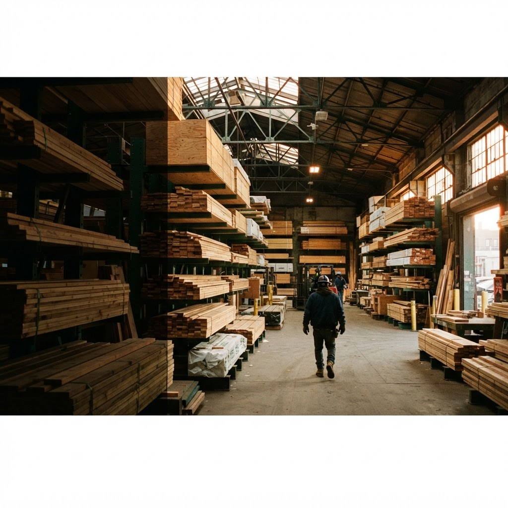 Organized lumber inventory inside a Brooklyn building supply warehouse
