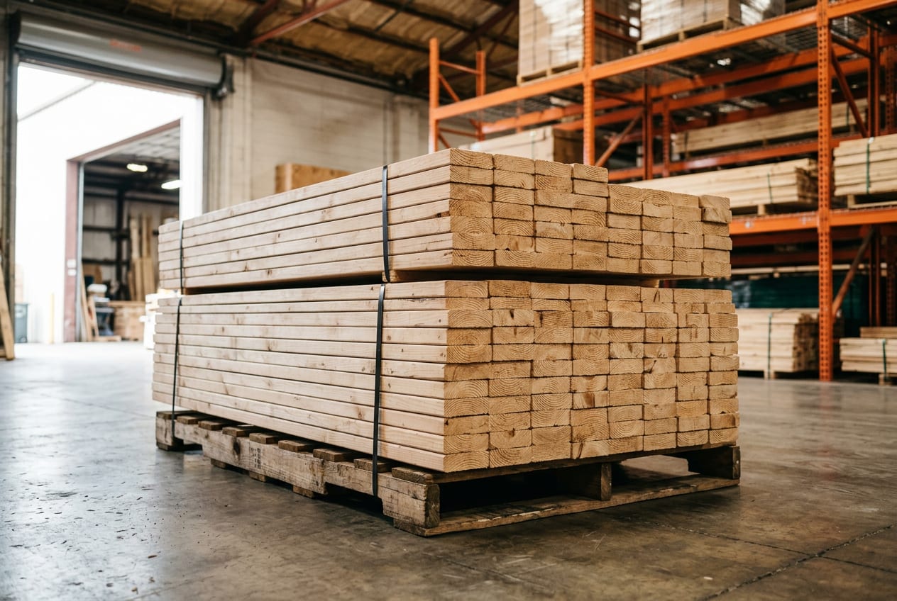 Indoor stacks of clean dimensional lumber at a building supply warehouse